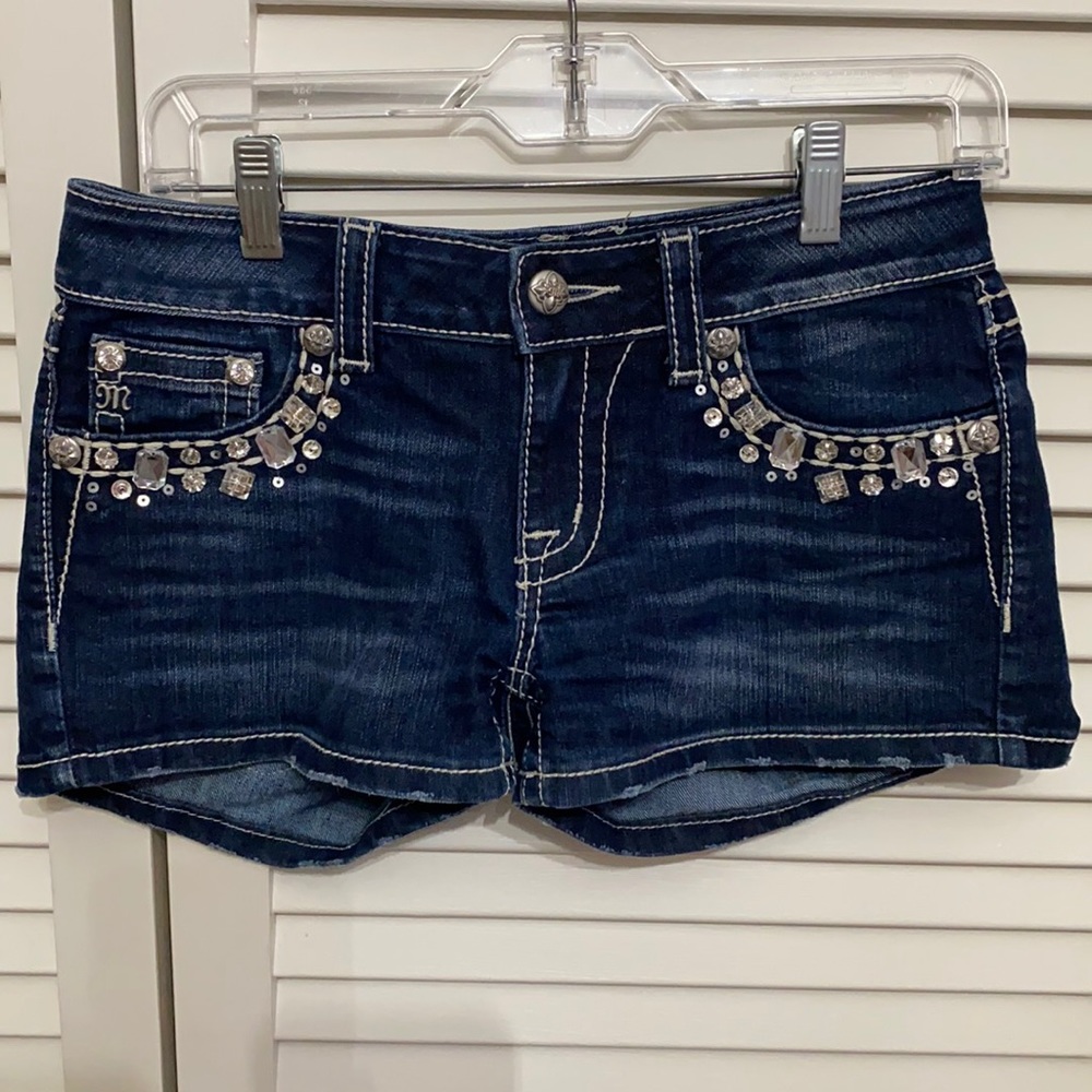 Miss Me Signature Rhinestone Shorts Dark Wash